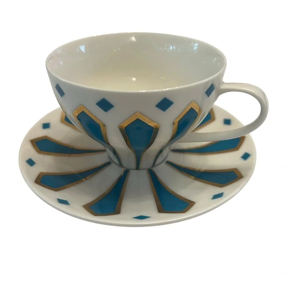 Meritage China Striped Aqua Blue and Gold Teacup and Saucer Set Tea Cup